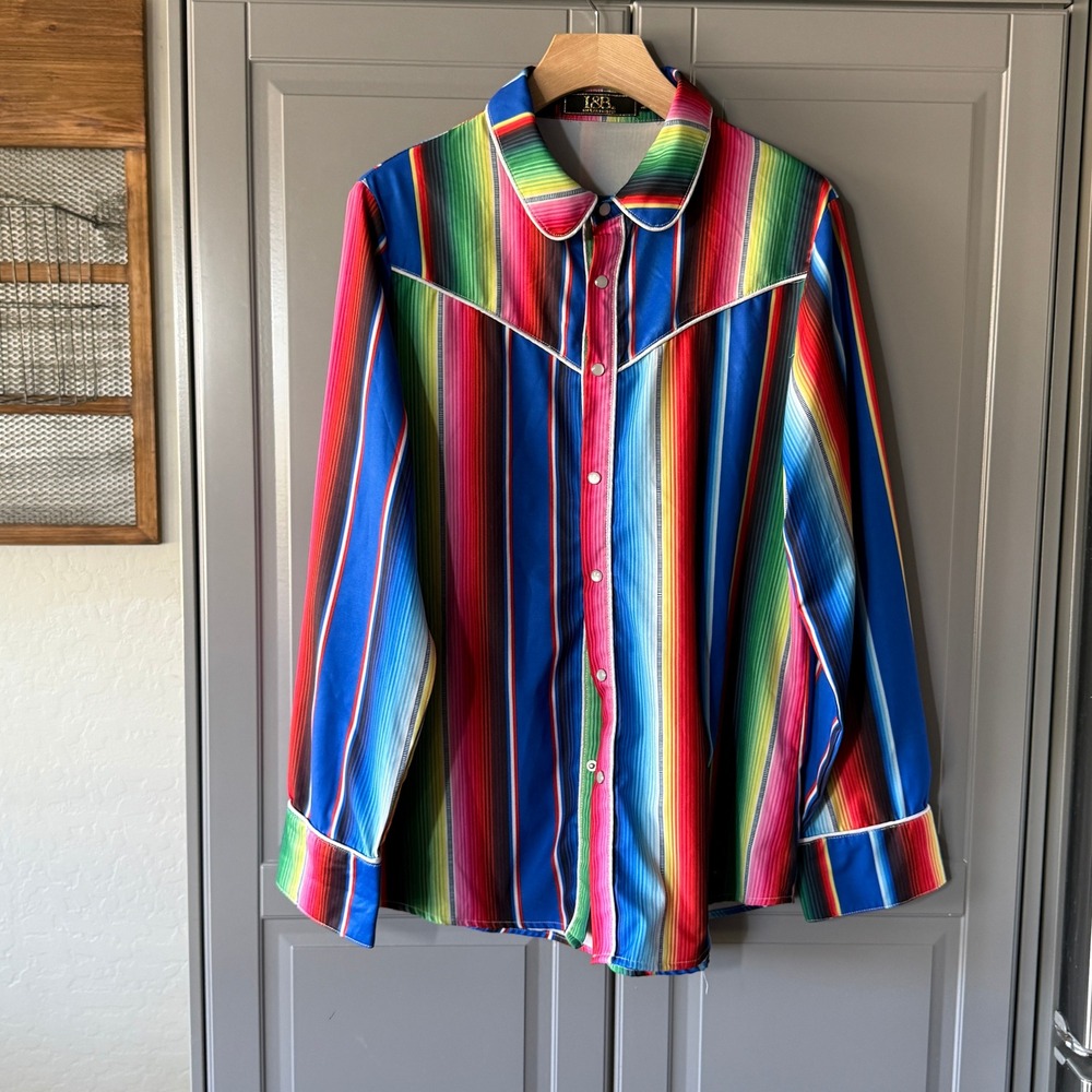 I & B Women's Western Serape Pearl Snap Button Down LS Shirt, Multicolor, L